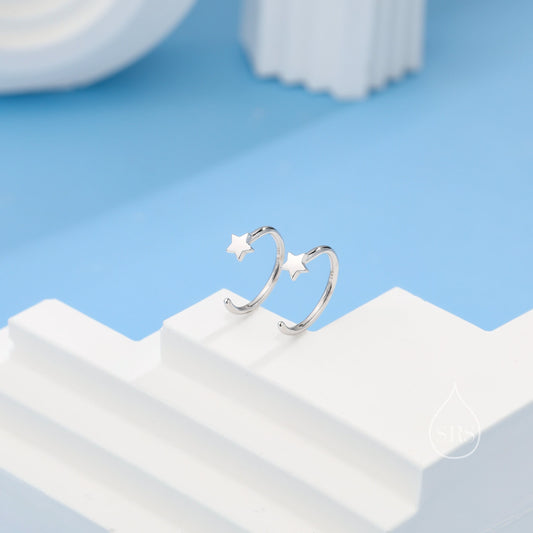 Extra Tiny Star Huggie Hoop Earrings in Sterling Silver, Tiny North Star Open Hoops, Pull Through Threaders, Half Hoops