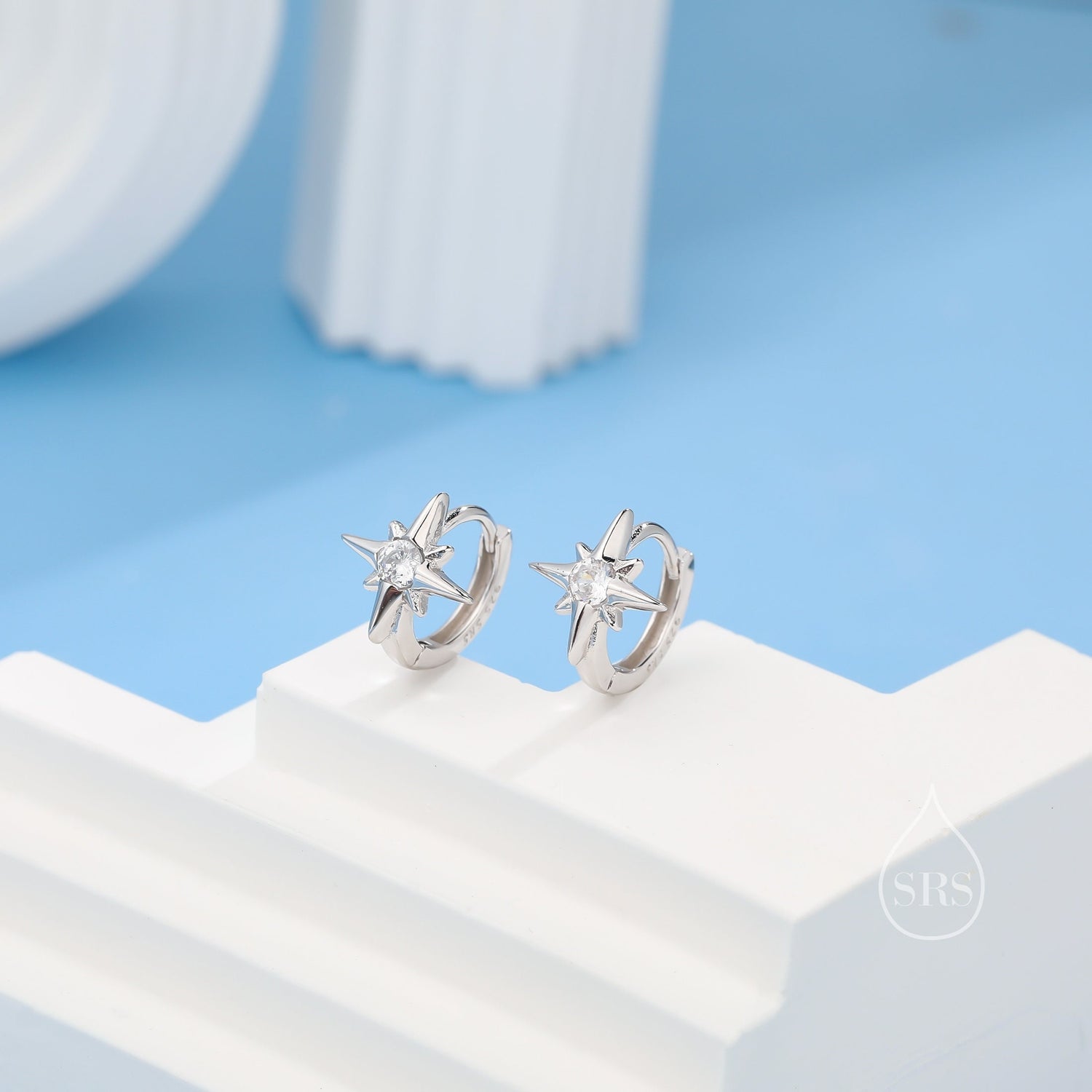 CZ Starburst Huggie Hoop Earrings in Sterling Silver, Silver, Gold or Rose Gold, North Star Earrings, Sunburst Earrings, Celestial Jewellery