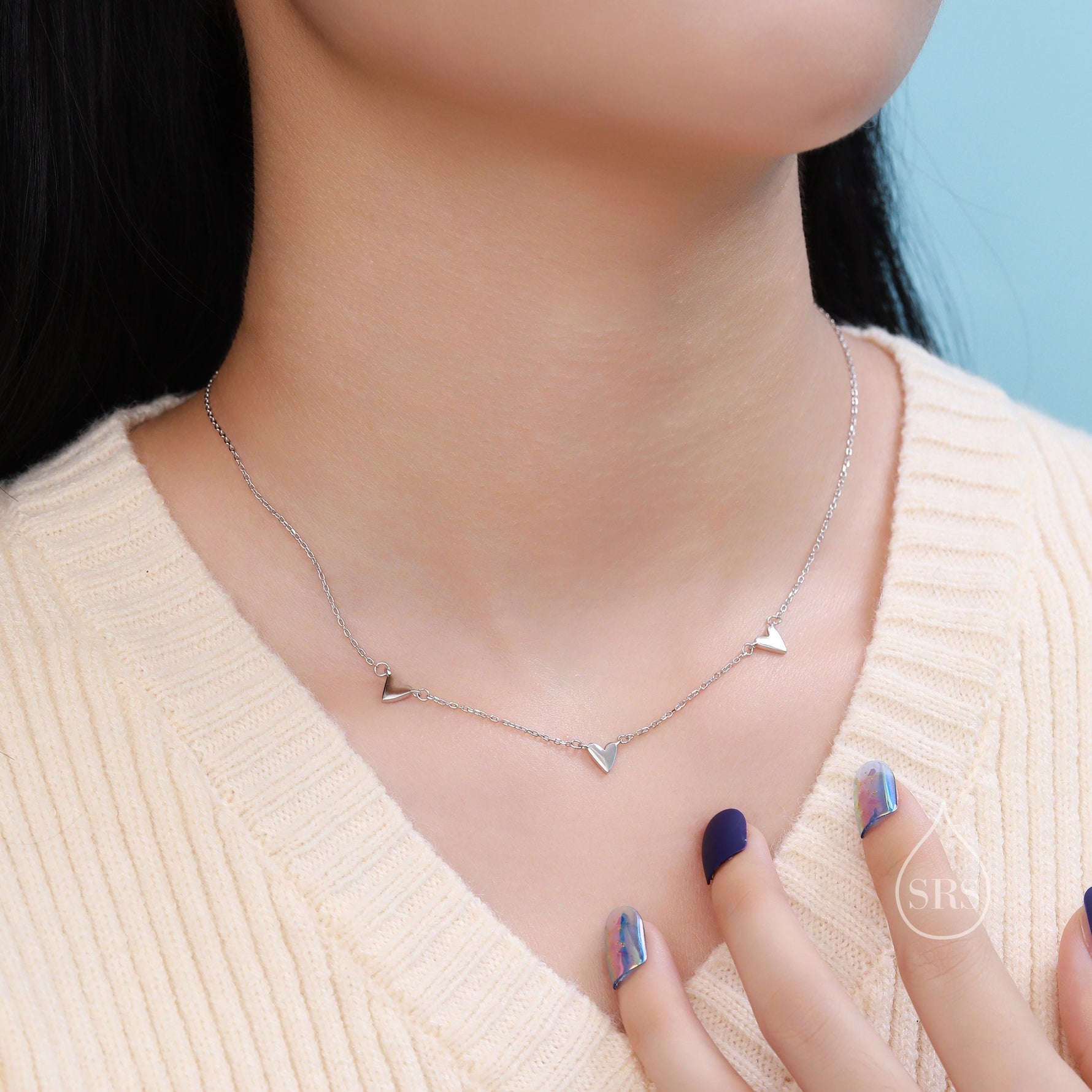 Triple Heart Necklace in Sterling Silver, Tiny Three Heart Necklace, Silver, Gold or Rose Gold, Heart Charm Necklace