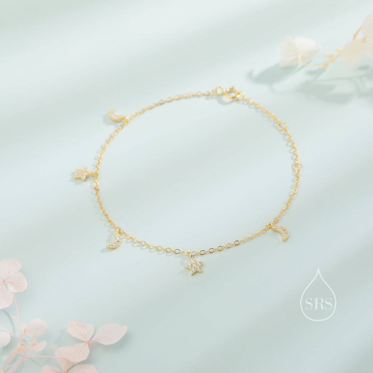 Sterling Silver Tiny CZ Moon and Star Bracelet, Silver or Gold or Rose gold, Moon and Star Charm Bracelet, Celestial Jewellery