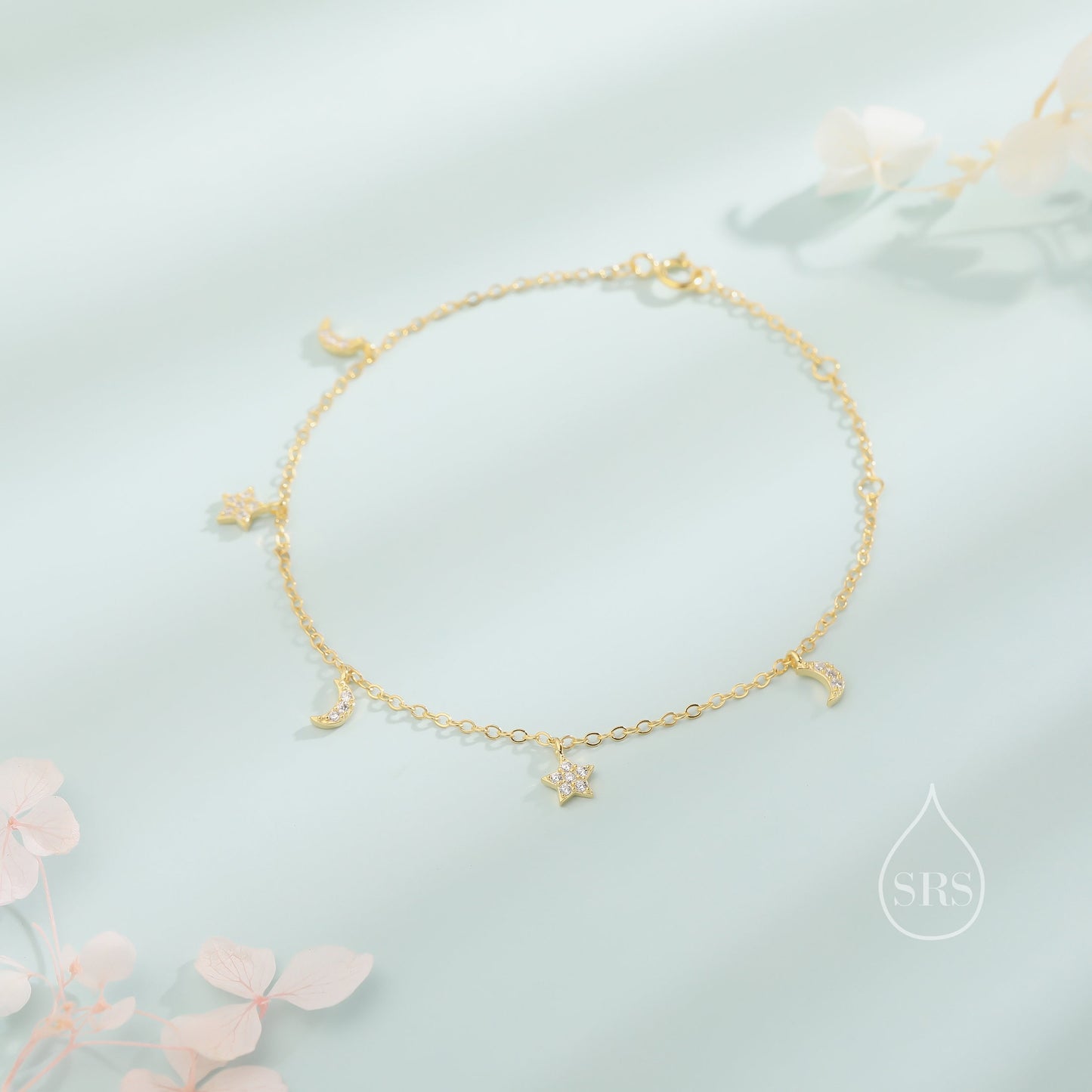 Sterling Silver Tiny CZ Moon and Star Bracelet, Silver or Gold or Rose gold, Moon and Star Charm Bracelet, Celestial Jewellery