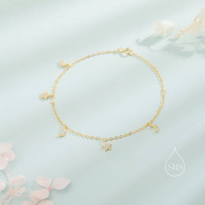 Sterling Silver Tiny CZ Moon and Star Bracelet, Silver or Gold or Rose gold, Moon and Star Charm Bracelet, Celestial Jewellery