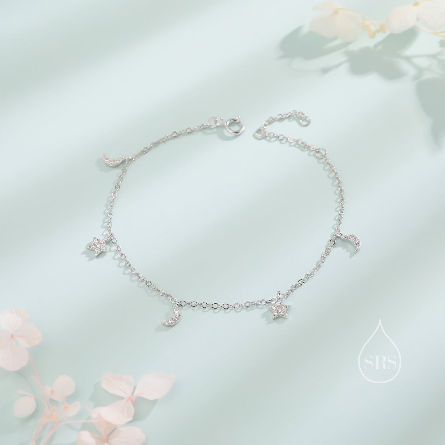 Sterling Silver Tiny CZ Moon and Star Bracelet, Silver or Gold or Rose gold, Moon and Star Charm Bracelet, Celestial Jewellery