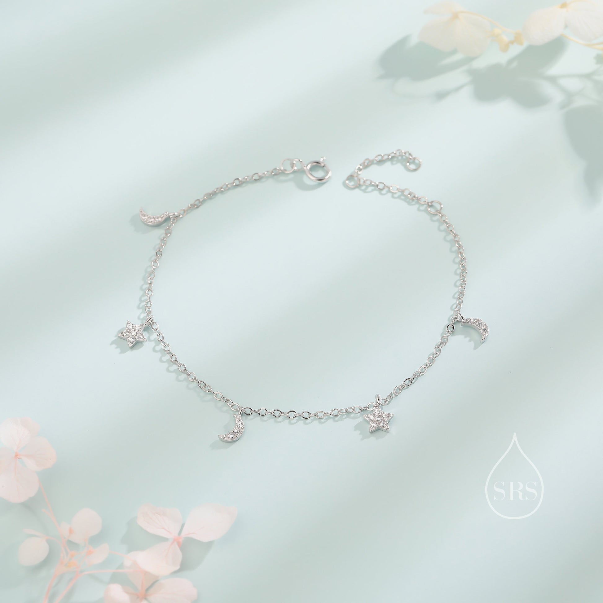 Sterling Silver Tiny CZ Moon and Star Bracelet, Silver or Gold or Rose gold, Moon and Star Charm Bracelet, Celestial Jewellery