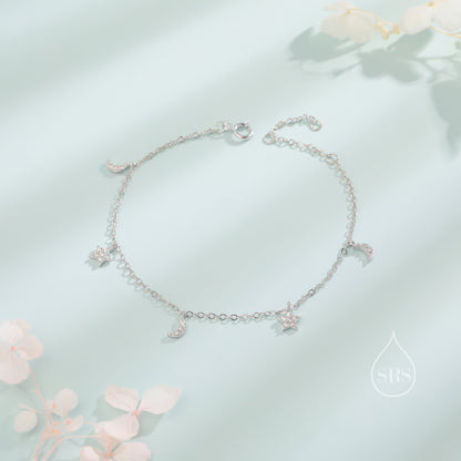 Sterling Silver Tiny CZ Moon and Star Bracelet, Silver or Gold or Rose gold, Moon and Star Charm Bracelet, Celestial Jewellery
