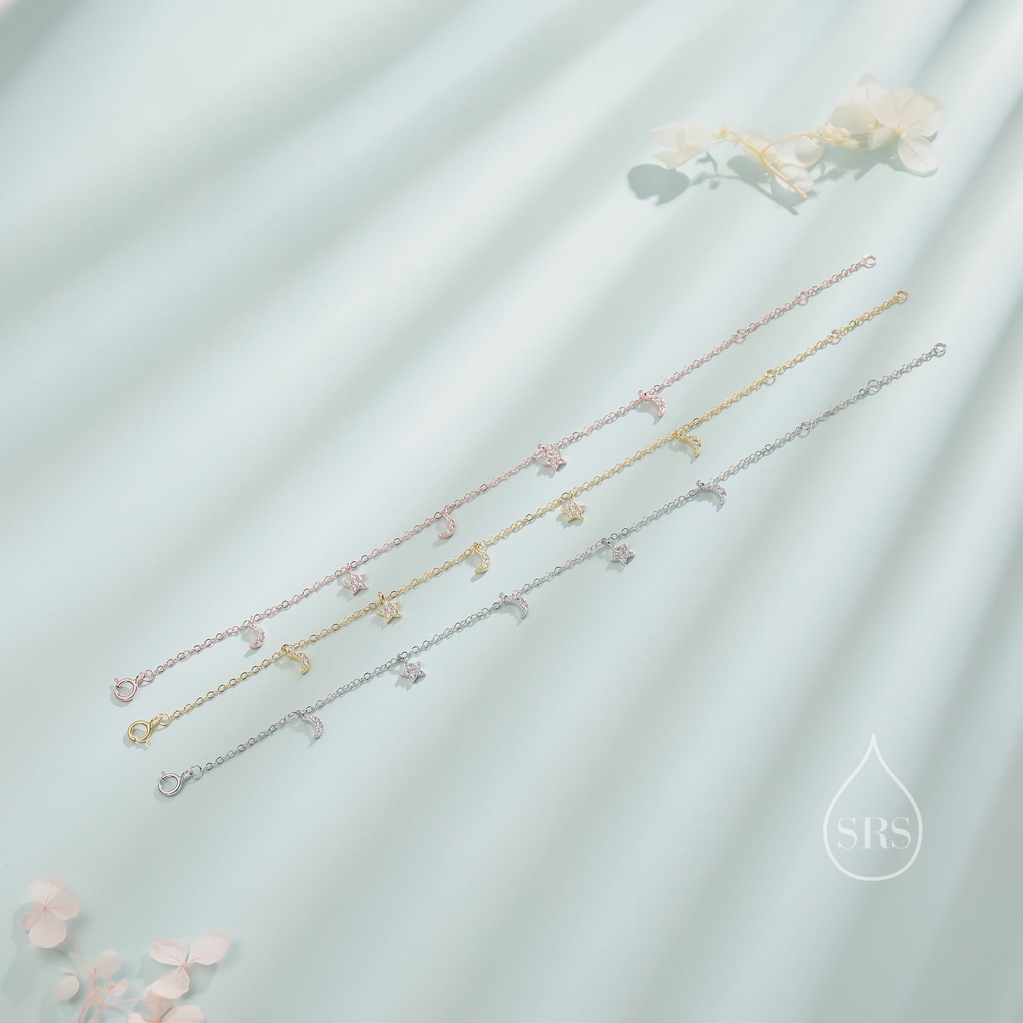 Sterling Silver Tiny CZ Moon and Star Bracelet, Silver or Gold or Rose gold, Moon and Star Charm Bracelet, Celestial Jewellery