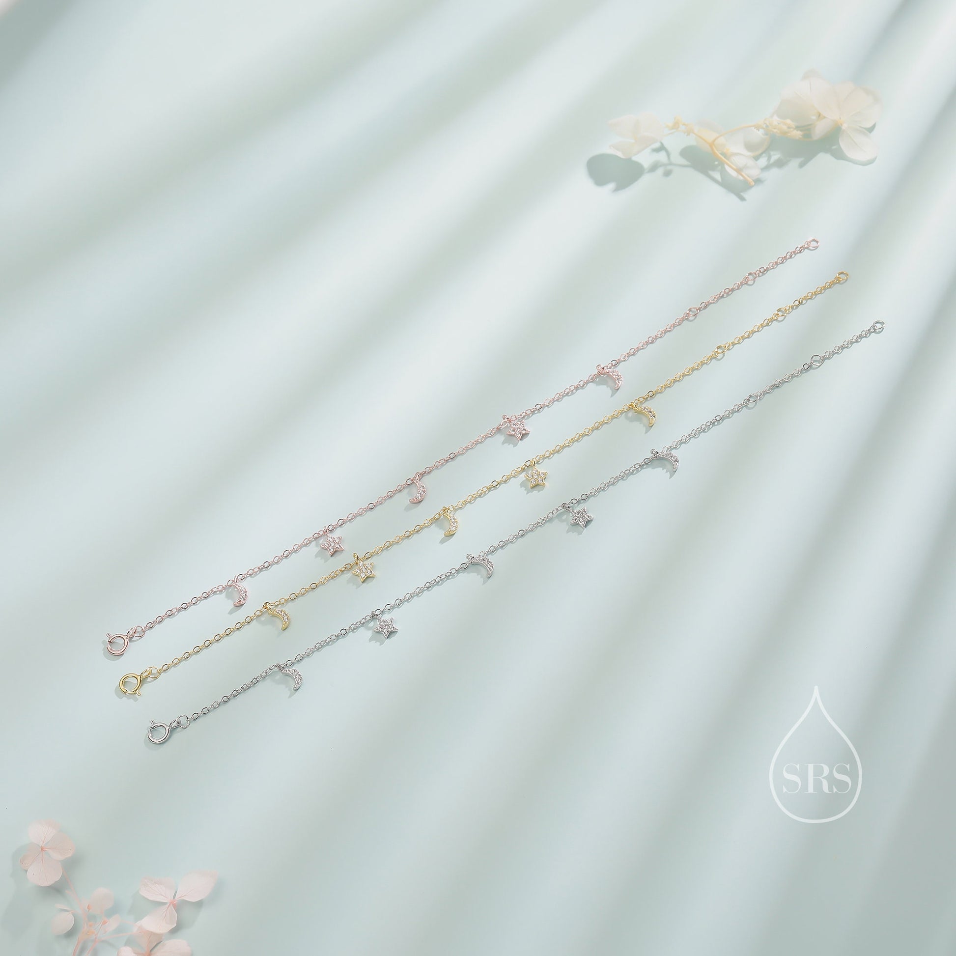 Sterling Silver Tiny CZ Moon and Star Bracelet, Silver or Gold or Rose gold, Moon and Star Charm Bracelet, Celestial Jewellery