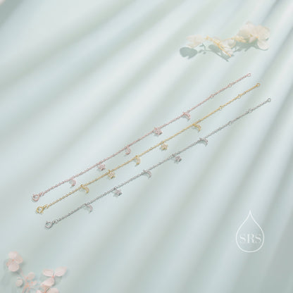 Sterling Silver Tiny CZ Moon and Star Bracelet, Silver or Gold or Rose gold, Moon and Star Charm Bracelet, Celestial Jewellery