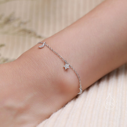 Sterling Silver Tiny CZ Moon and Star Bracelet, Silver or Gold or Rose gold, Moon and Star Charm Bracelet, Celestial Jewellery