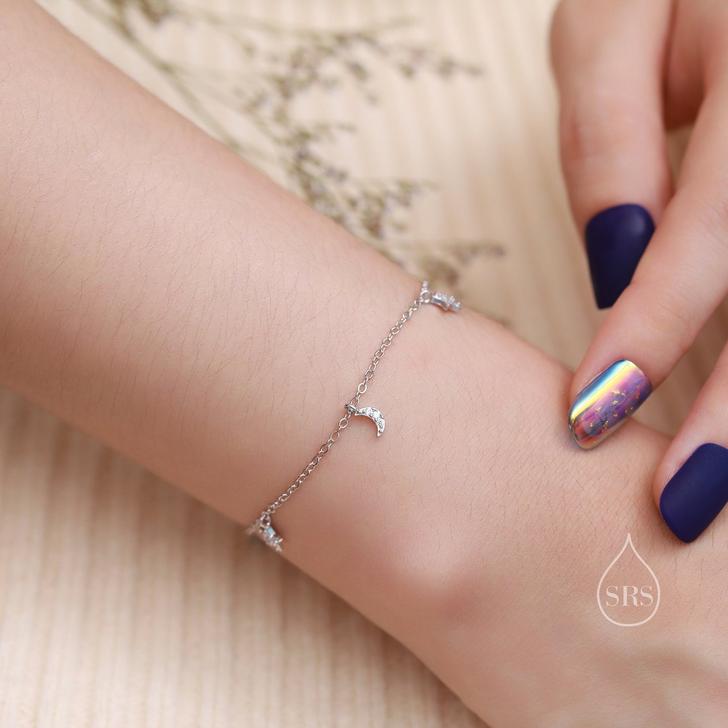 Sterling Silver Tiny CZ Moon and Star Bracelet, Silver or Gold or Rose gold, Moon and Star Charm Bracelet, Celestial Jewellery