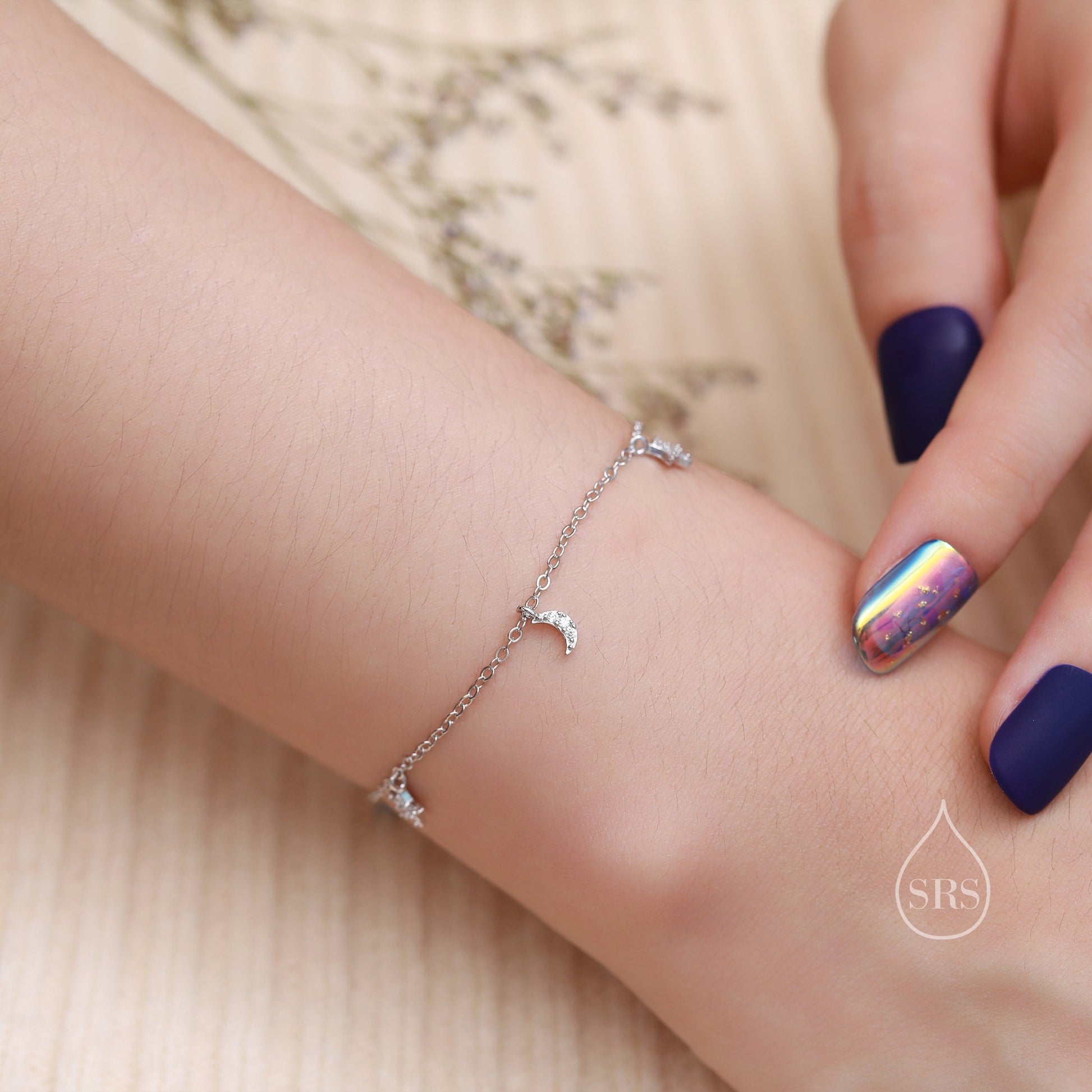 Sterling Silver Tiny CZ Moon and Star Bracelet, Silver or Gold or Rose gold, Moon and Star Charm Bracelet, Celestial Jewellery