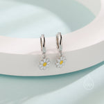 Sterling Silver Enamel Daisy Huggie Hoops, Dainty Dangle Daisy Earrings, Flower Hoops? Daisy Hoop Earrings