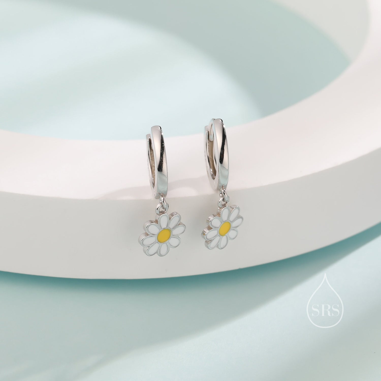 Sterling Silver Enamel Daisy Huggie Hoops, Dainty Dangle Daisy Earrings, Flower Hoops? Daisy Hoop Earrings