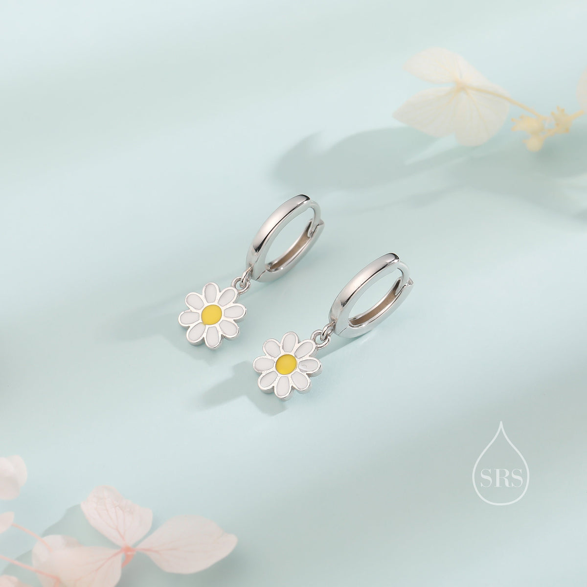 Sterling Silver Enamel Daisy Huggie Hoops, Dainty Dangle Daisy Earrings, Flower Hoops? Daisy Hoop Earrings