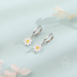 Sterling Silver Enamel Daisy Huggie Hoops, Dainty Dangle Daisy Earrings, Flower Hoops? Daisy Hoop Earrings