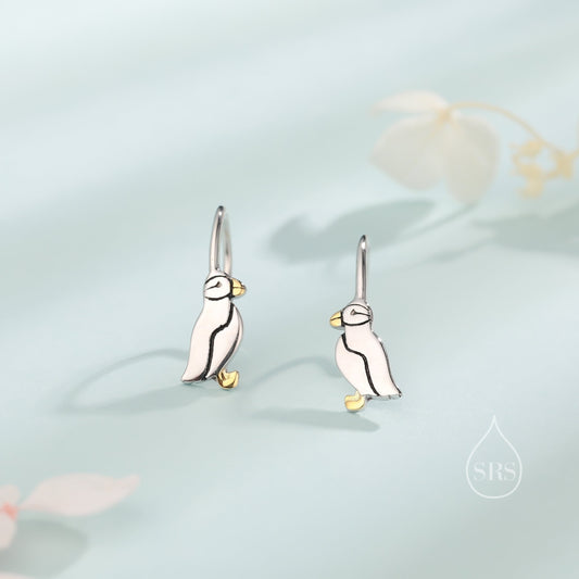 Sterling Silver Puffin Bird Hook Earrings, Puffin Drop Hook Earrings, Dainty Dangle Earrings, Puffin Bird Earrings, Puffin Earrings