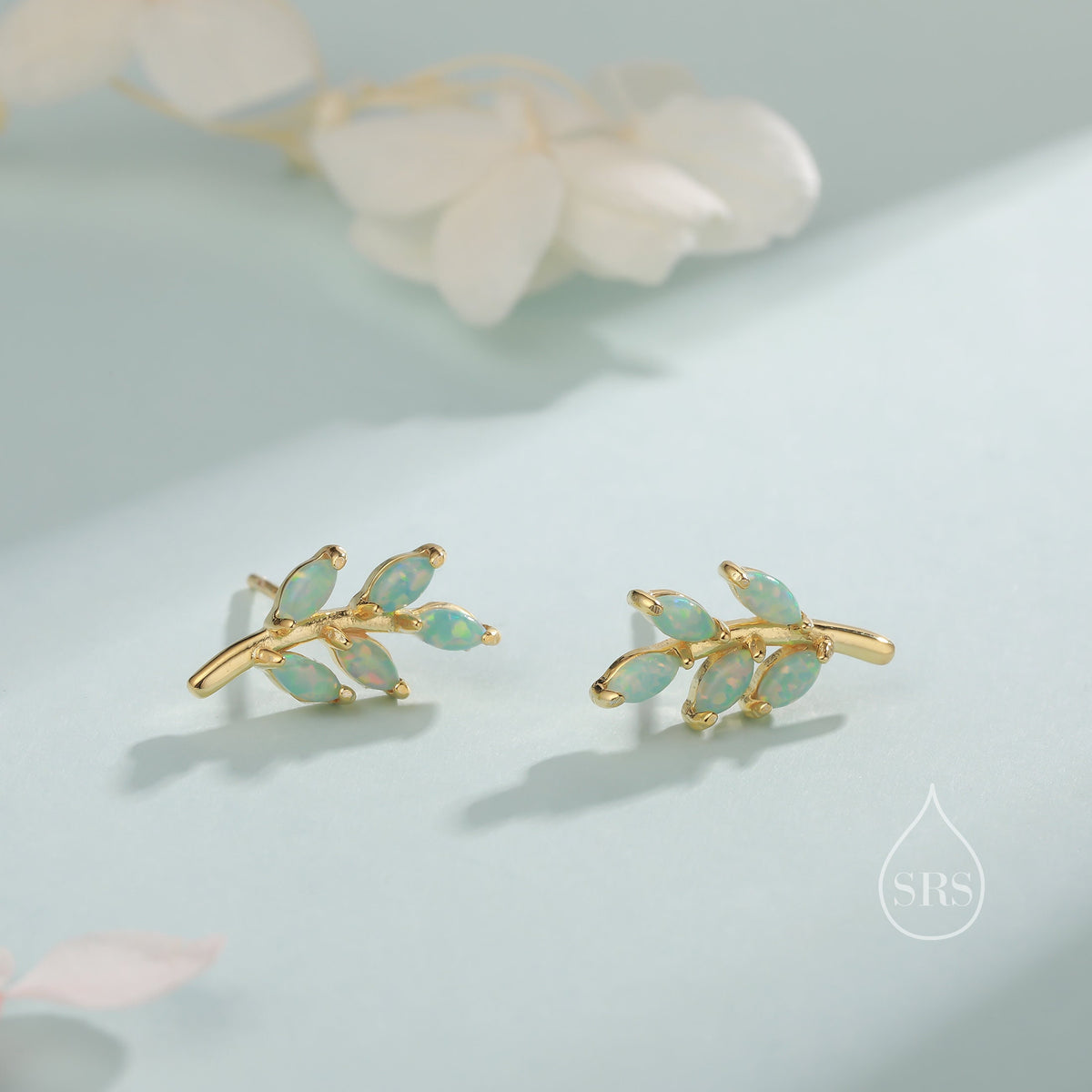 Small Green Opal Leaf Stud Earrings in Sterling Silver, Silver or Gold, Olive Leaf Earrings with Lab Opal, Opal Leaf Earrings