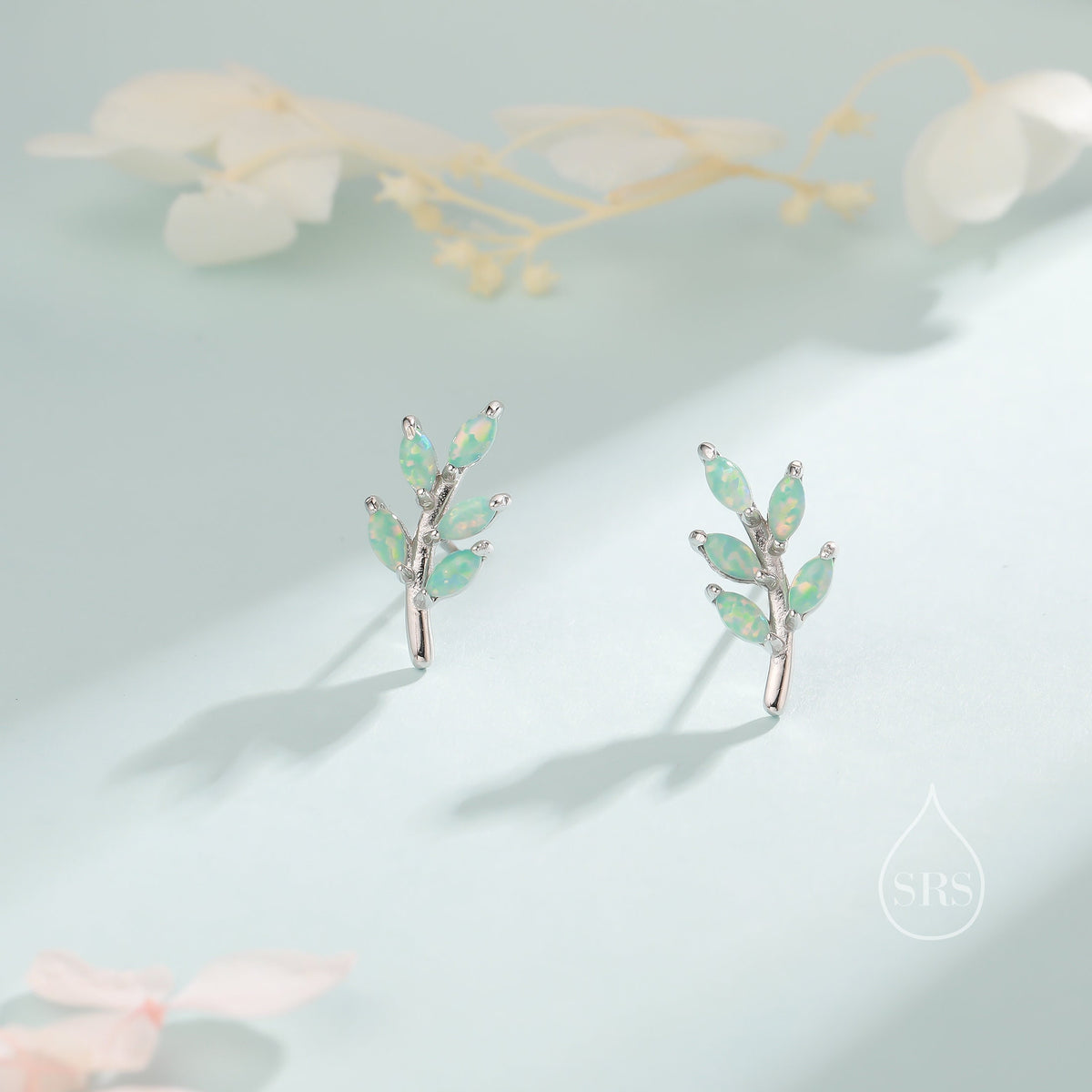 Small Green Opal Leaf Stud Earrings in Sterling Silver, Silver or Gold, Olive Leaf Earrings with Lab Opal, Opal Leaf Earrings