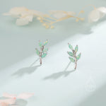 Small Green Opal Leaf Stud Earrings in Sterling Silver, Silver or Gold, Olive Leaf Earrings with Lab Opal, Opal Leaf Earrings