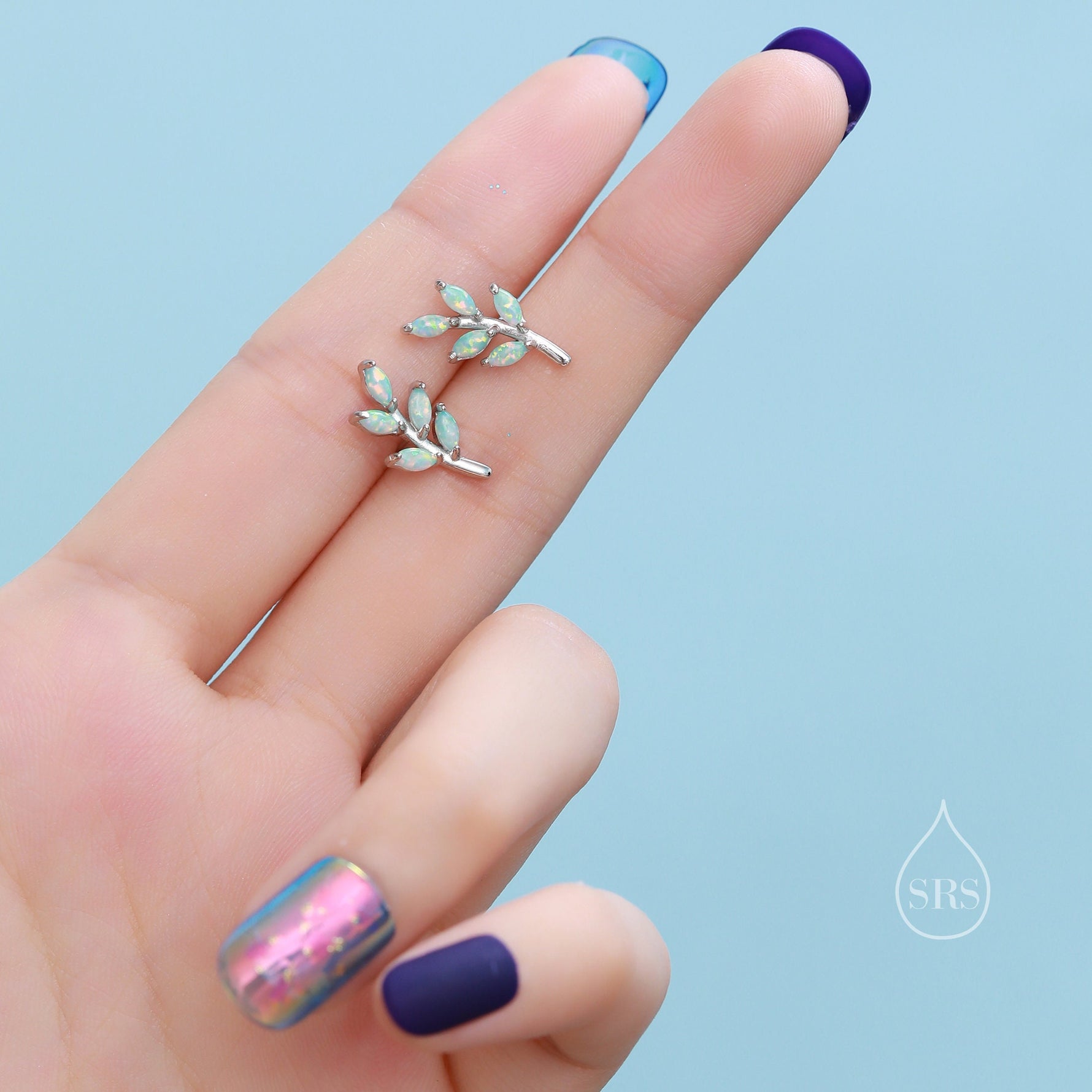 Small Green Opal Leaf Stud Earrings in Sterling Silver, Silver or Gold, Olive Leaf Earrings with Lab Opal, Opal Leaf Earrings