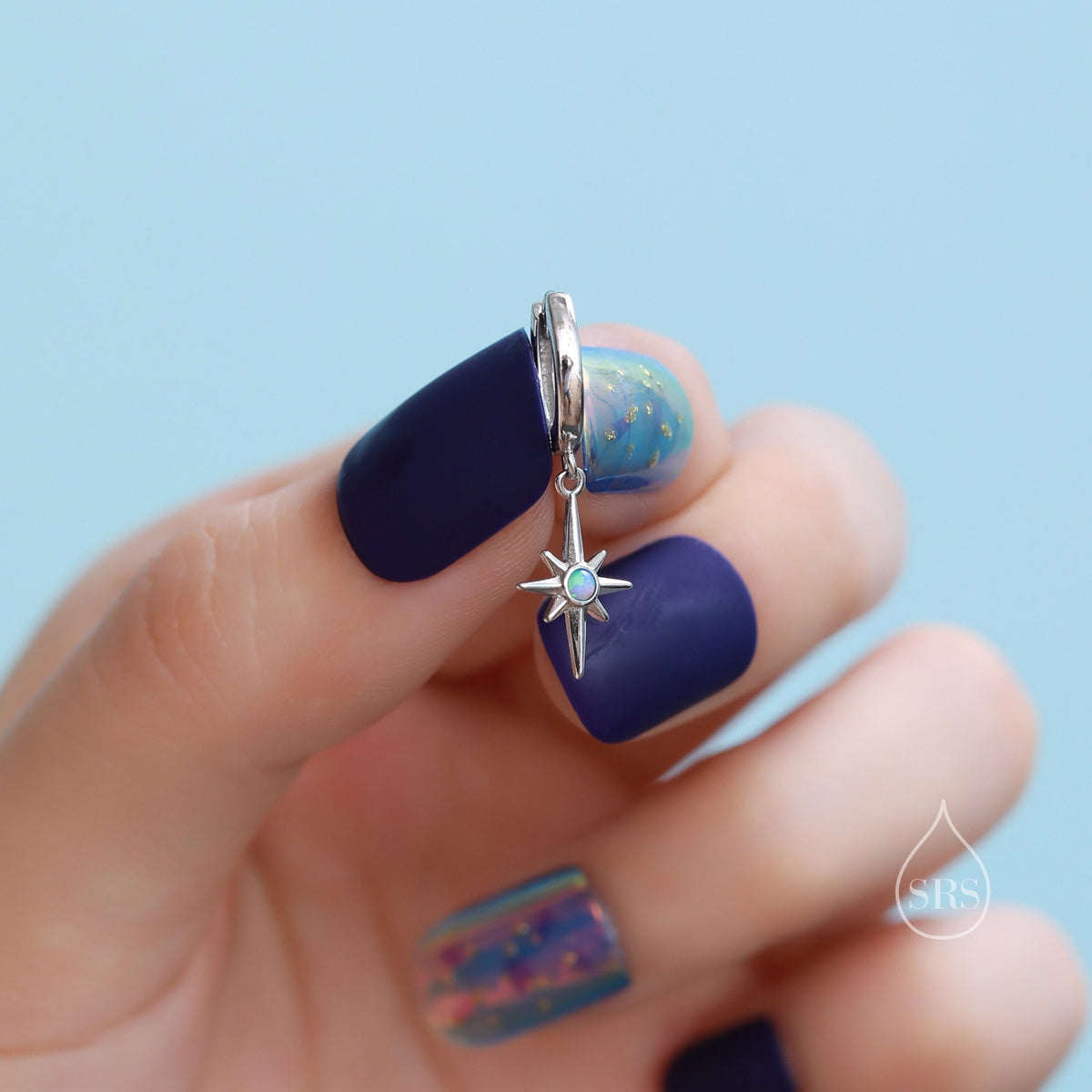 Opal Starburst Huggie Hoop Earrings in Sterling Silver, Blue Opal North Star Drop Earrings, Delicate Blue Opal Star Earrings