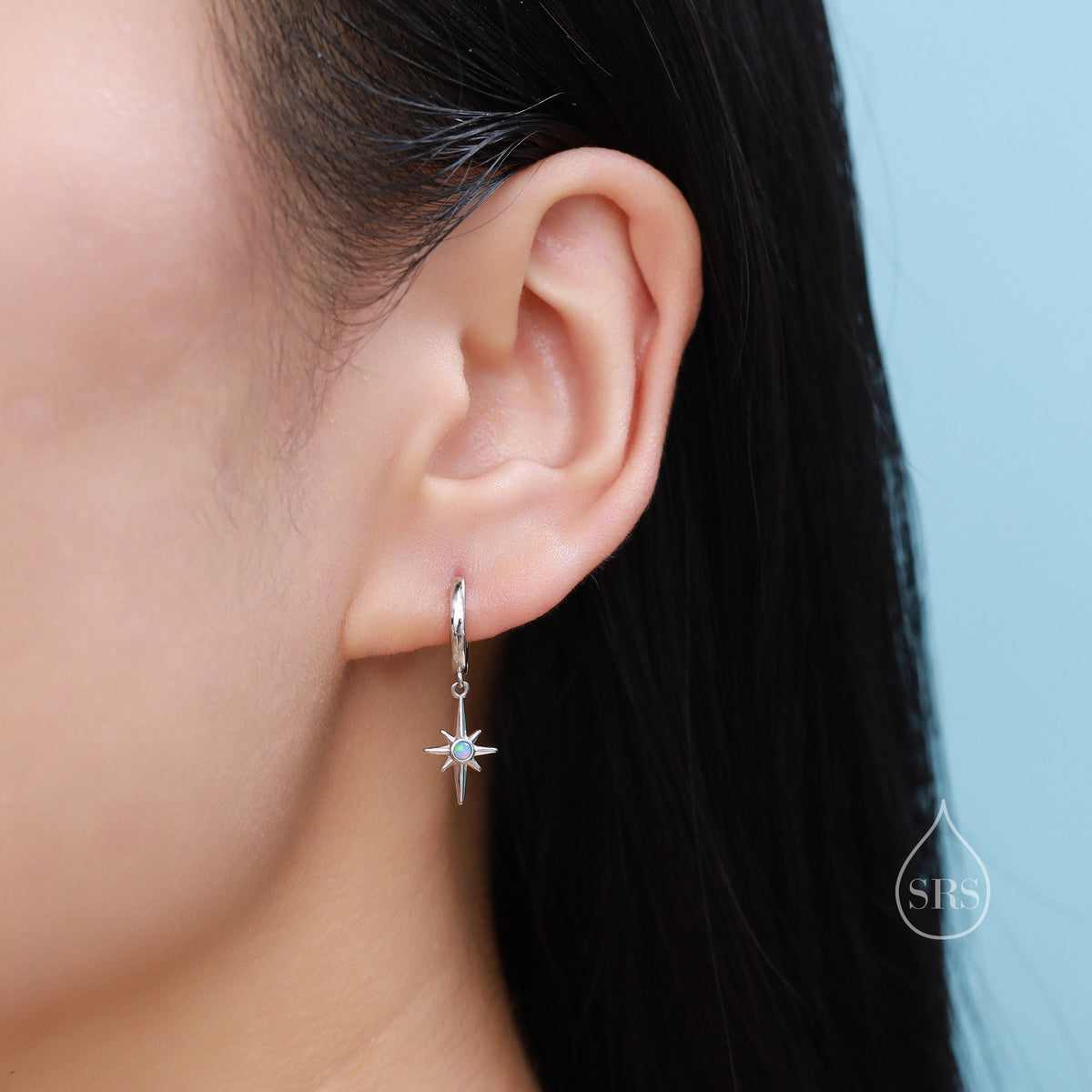Opal Starburst Huggie Hoop Earrings in Sterling Silver, Blue Opal North Star Drop Earrings, Delicate Blue Opal Star Earrings
