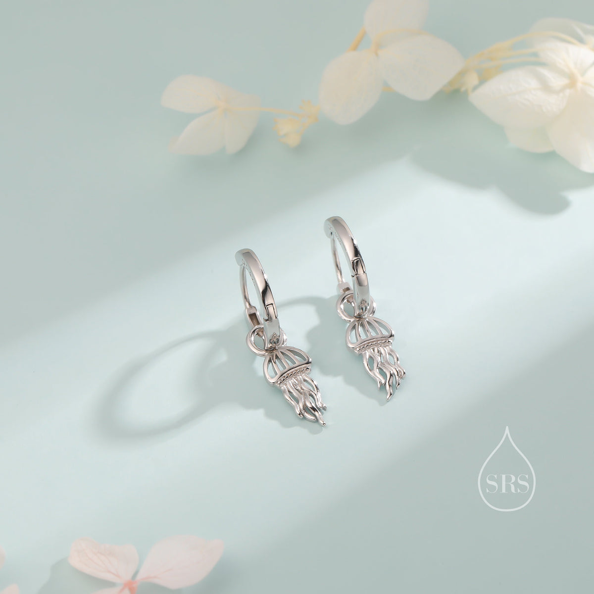 Sterling Silver Jellyfish Dangle Huggie Hoops, Detachable Jellyfish Hoop Earrings, Dainty Dangle Earrings, Fish Earrings, Ocean Animal