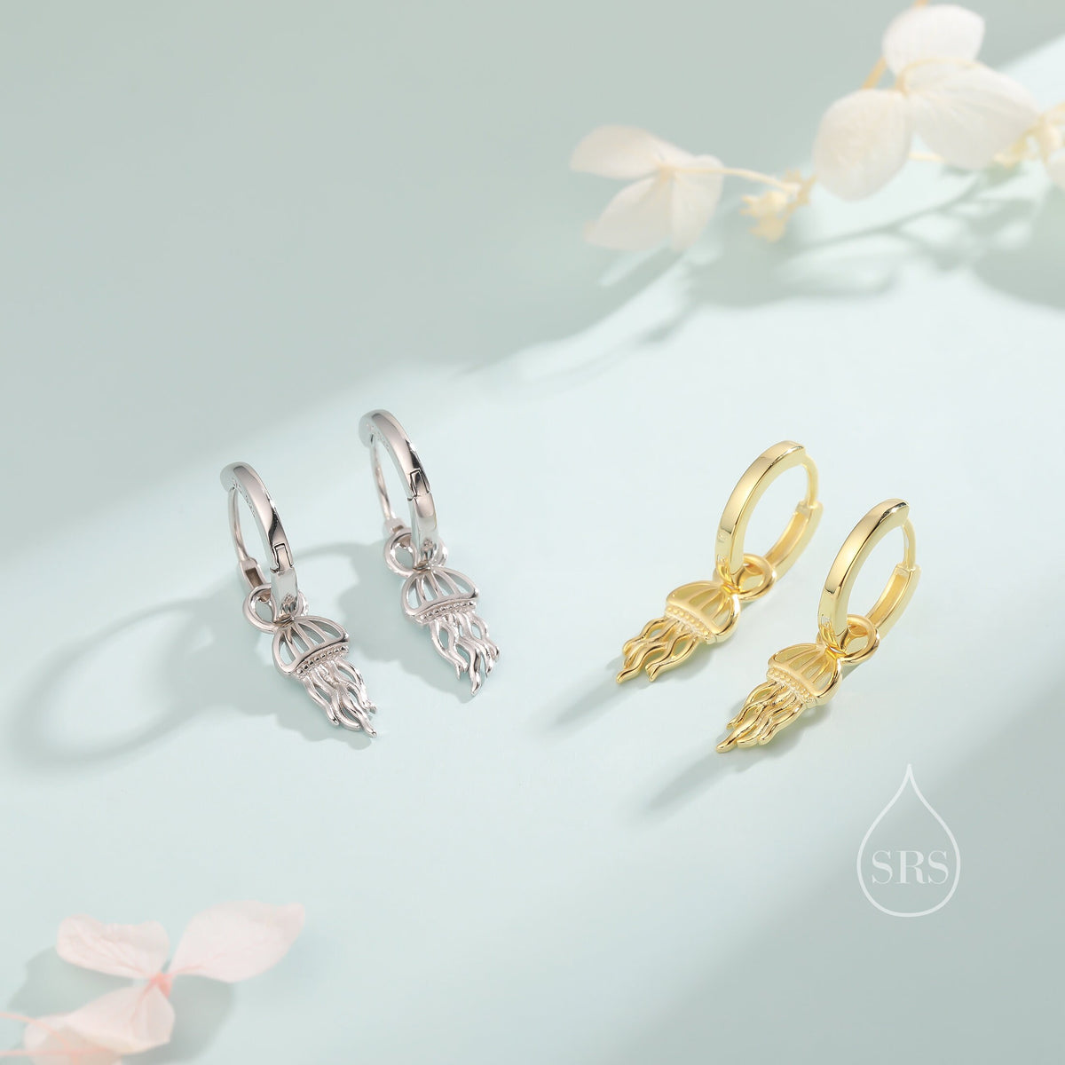 Sterling Silver Jellyfish Dangle Huggie Hoops, Detachable Jellyfish Hoop Earrings, Dainty Dangle Earrings, Fish Earrings, Ocean Animal