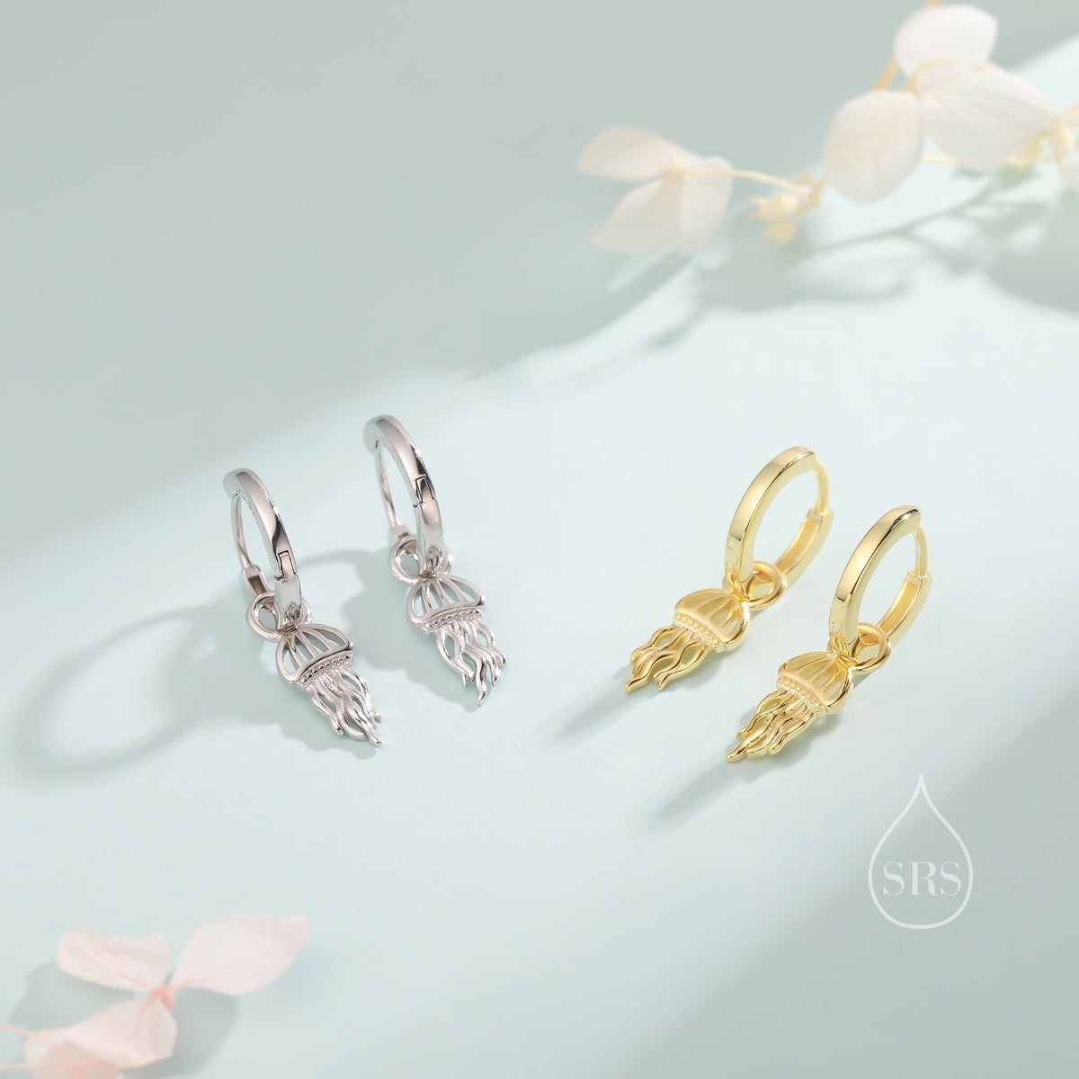 Sterling Silver Jellyfish Dangle Huggie Hoops, Detachable Jellyfish Hoop Earrings, Dainty Dangle Earrings, Fish Earrings, Ocean Animal