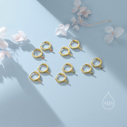 Extra Tiny CZ Huggie Hoop Earrings in Sterling Silver, Silver or Gold, Geometric Hoop Earrings, Green, Blue, Pink, Purple or Clear CZ