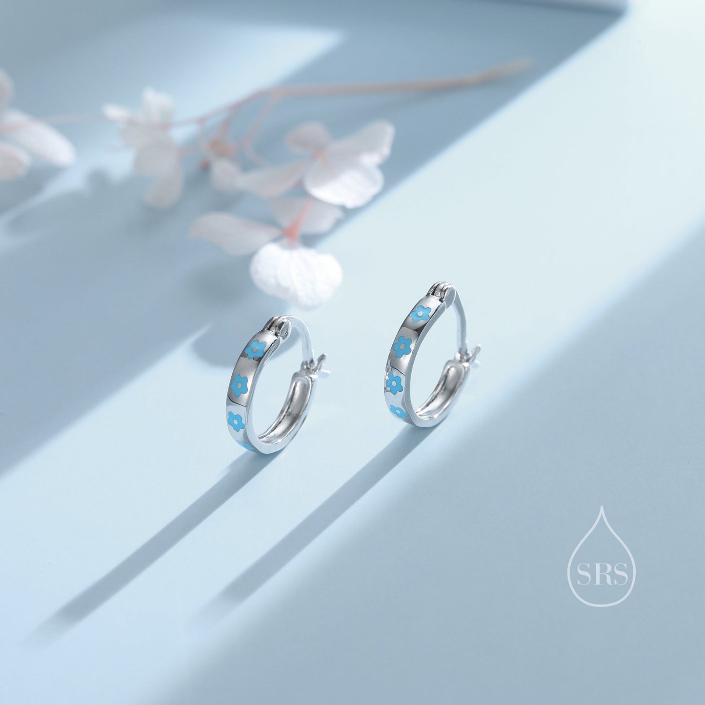 Sterling Silver Enamel Forget Me Not Huggie Hoops, Tiny and Delicate, Dainty Dangle Blue Flower Earrings, Flower Hoops? Daisy Hoop Earrings