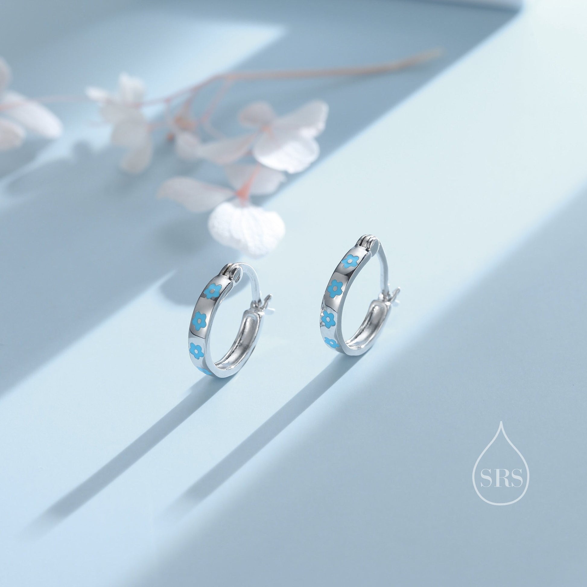 Sterling Silver Enamel Forget Me Not Huggie Hoops, Tiny and Delicate, Dainty Dangle Blue Flower Earrings, Flower Hoops? Daisy Hoop Earrings