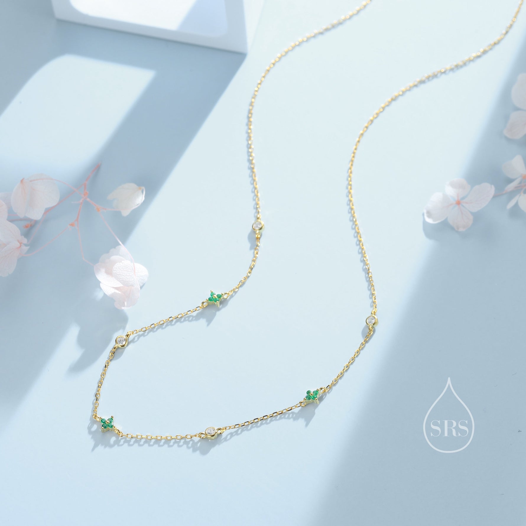 Hydrangea Flower Motif CZ Necklace in Sterling Silver, Silver or Gold, Emerald Green or Clear Three CZ Satellite Crystal Necklace,