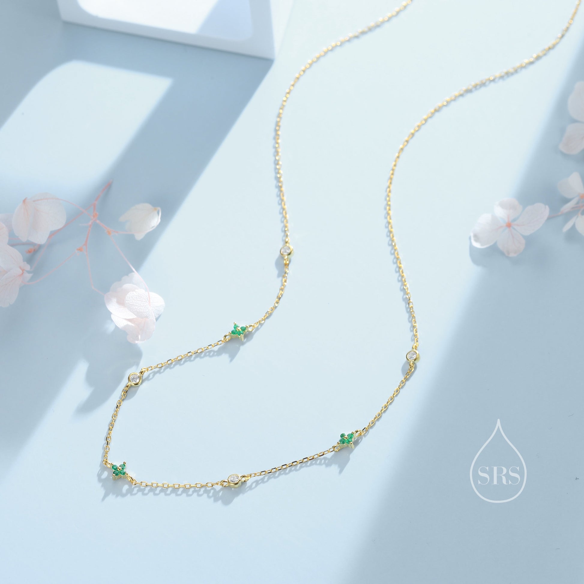 Hydrangea Flower Motif CZ Necklace in Sterling Silver, Silver or Gold, Emerald Green or Clear Three CZ Satellite Crystal Necklace,