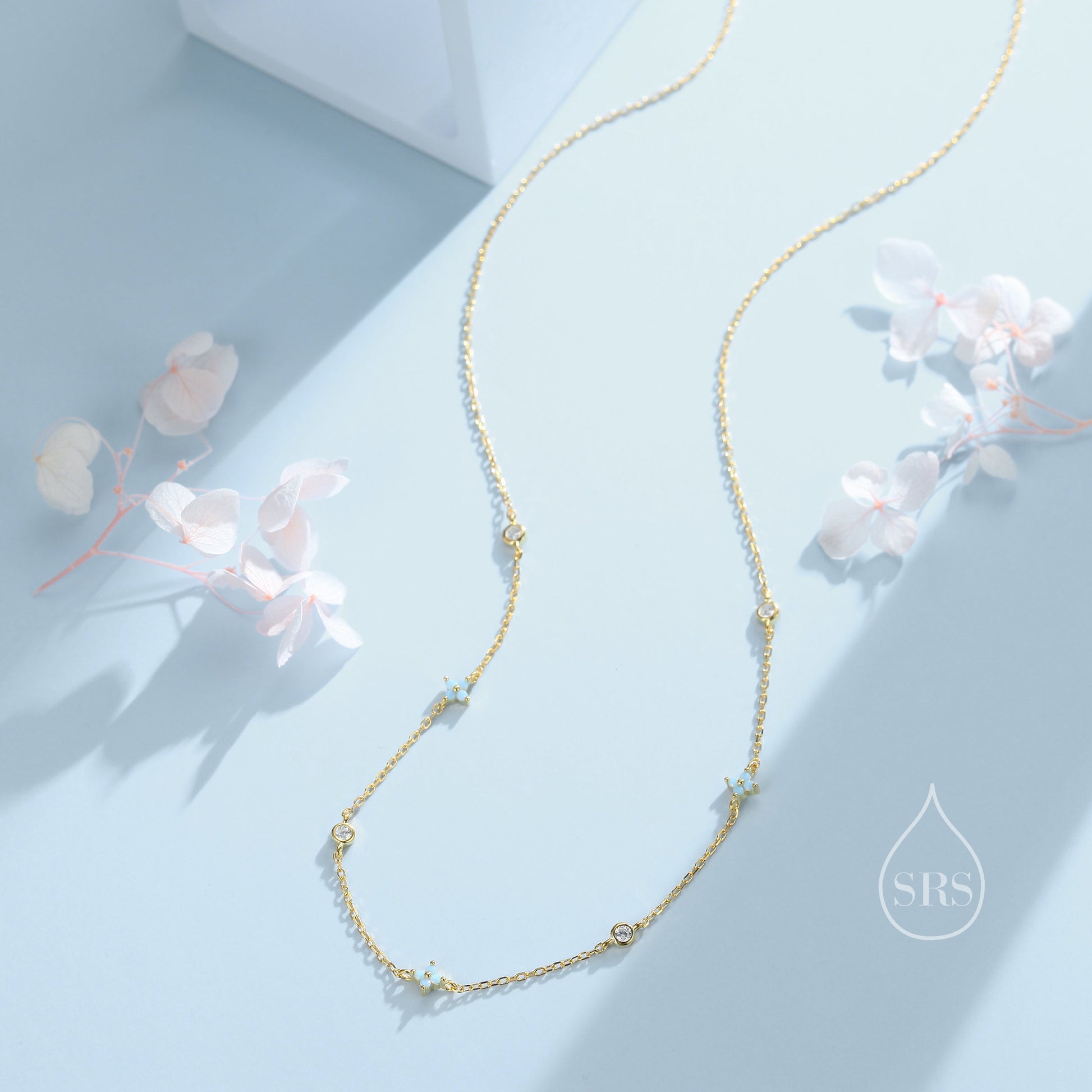 Hydrangea Flower Motif CZ Necklace in Sterling Silver, Silver or Gold, Emerald Green or Clear Three CZ Satellite Crystal Necklace,