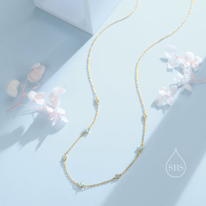 Hydrangea Flower Motif CZ Necklace in Sterling Silver, Silver or Gold, Emerald Green or Clear Three CZ Satellite Crystal Necklace,