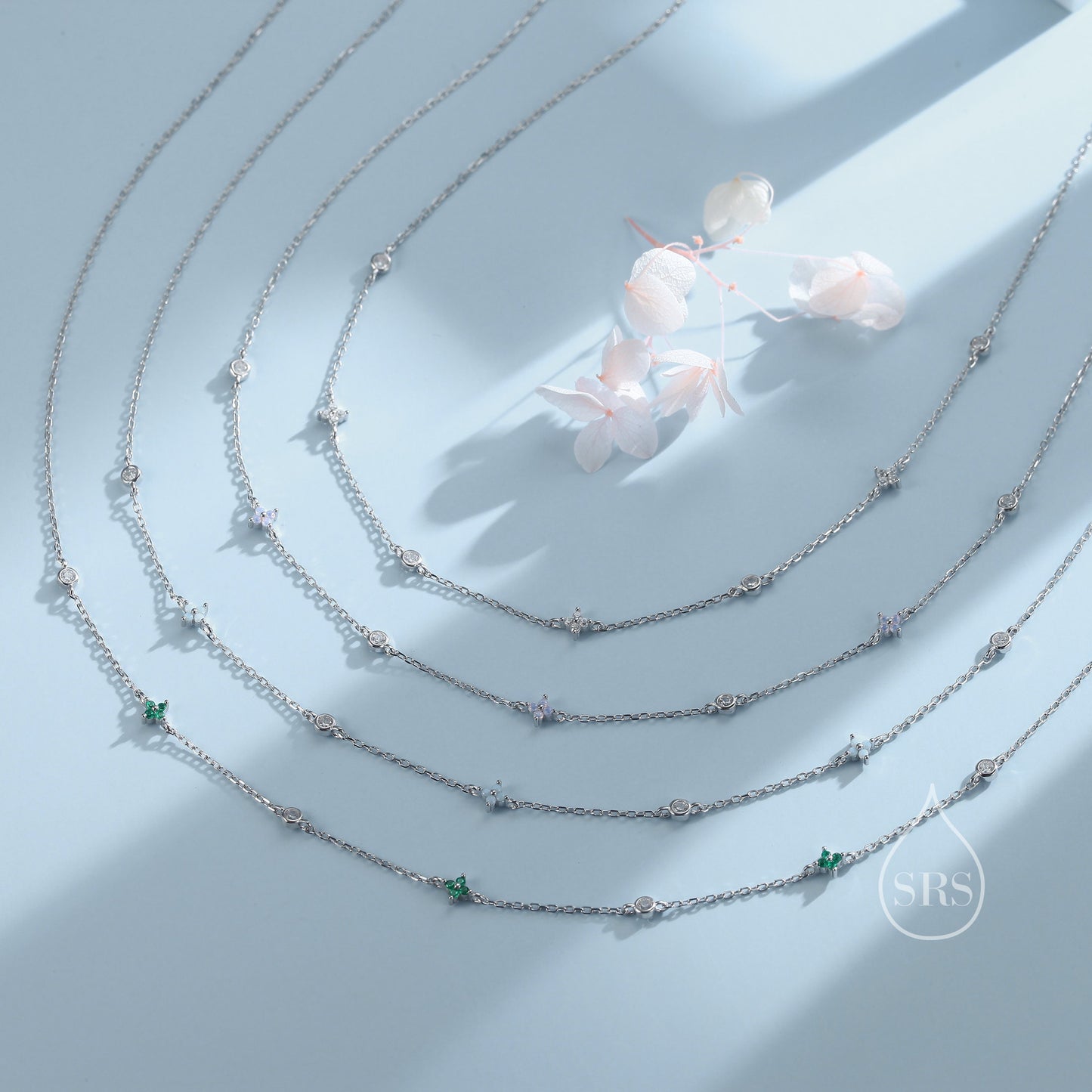 Hydrangea Flower Motif CZ Necklace in Sterling Silver, Silver or Gold, Emerald Green or Clear Three CZ Satellite Crystal Necklace,