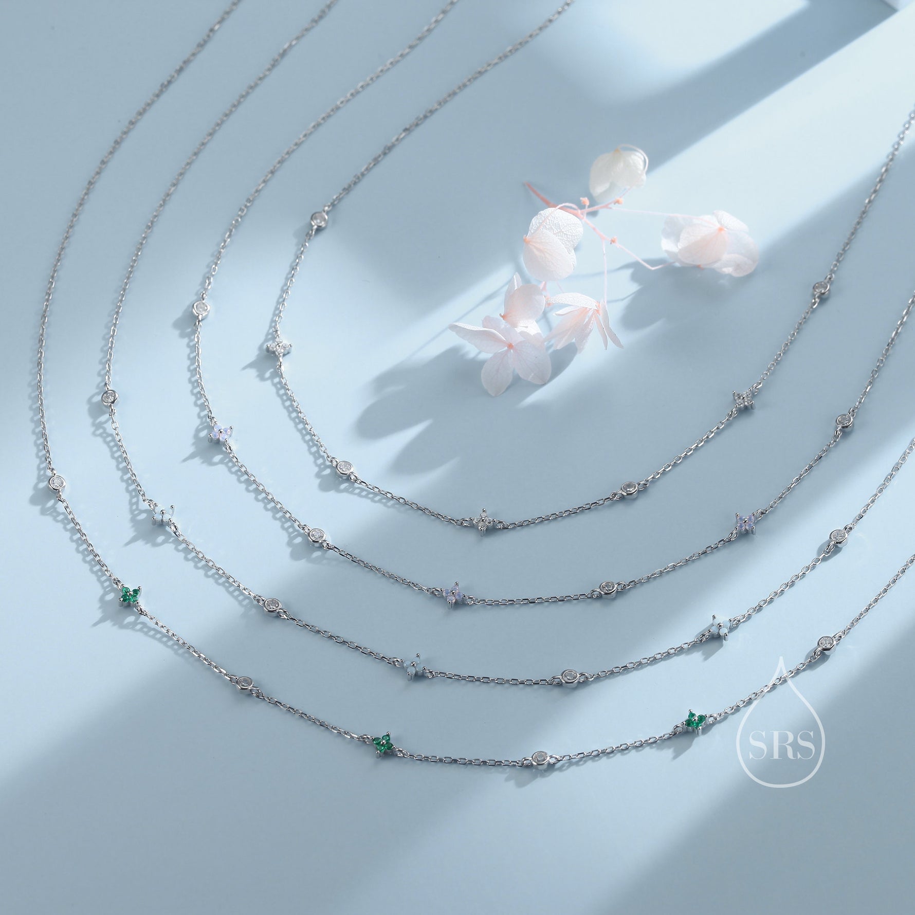 Hydrangea Flower Motif CZ Necklace in Sterling Silver, Silver or Gold, Emerald Green or Clear Three CZ Satellite Crystal Necklace,