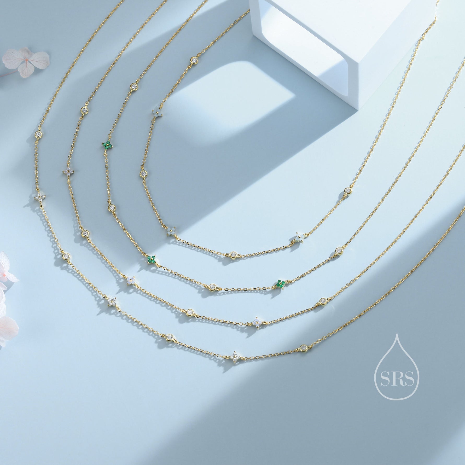 Hydrangea Flower Motif CZ Necklace in Sterling Silver, Silver or Gold, Emerald Green or Clear Three CZ Satellite Crystal Necklace,