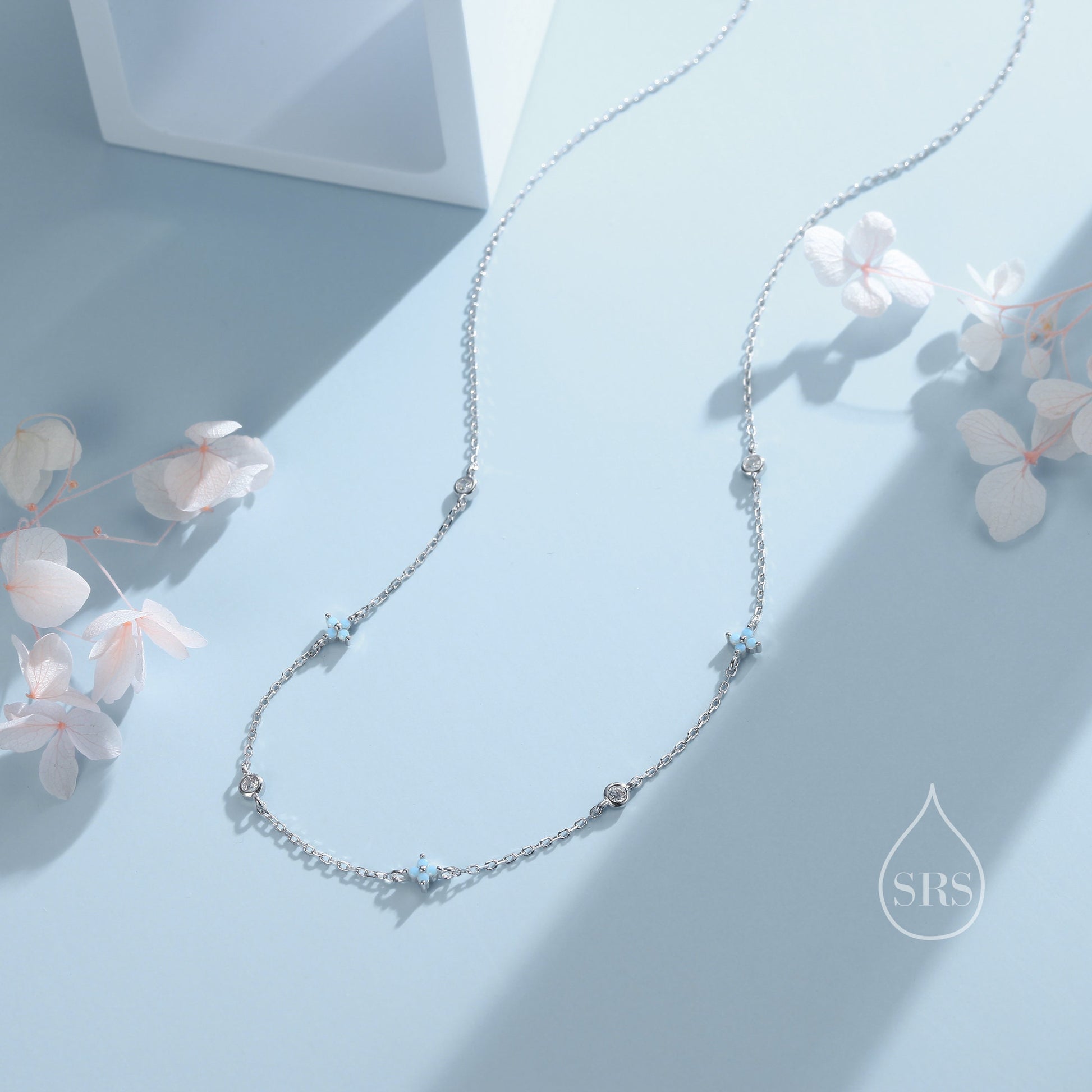 Hydrangea Flower Motif CZ Necklace in Sterling Silver, Silver or Gold, Emerald Green or Clear Three CZ Satellite Crystal Necklace,