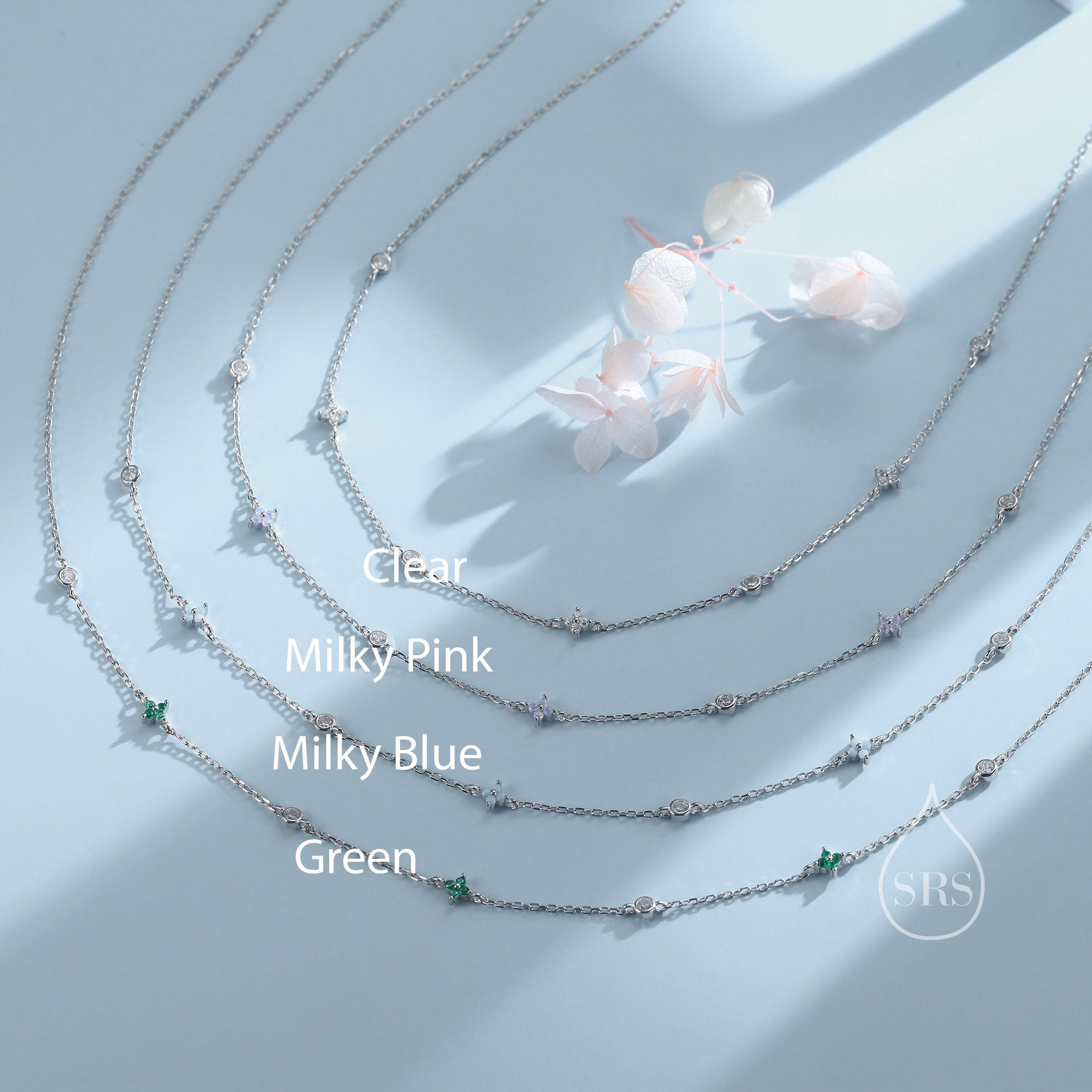 Hydrangea Flower Motif CZ Necklace in Sterling Silver, Silver or Gold, Emerald Green or Clear Three CZ Satellite Crystal Necklace,