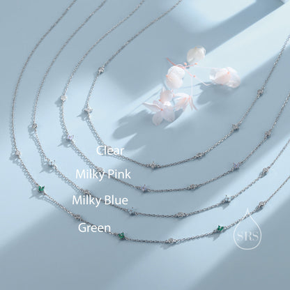 Hydrangea Flower Motif CZ Necklace in Sterling Silver, Silver or Gold, Emerald Green or Clear Three CZ Satellite Crystal Necklace,