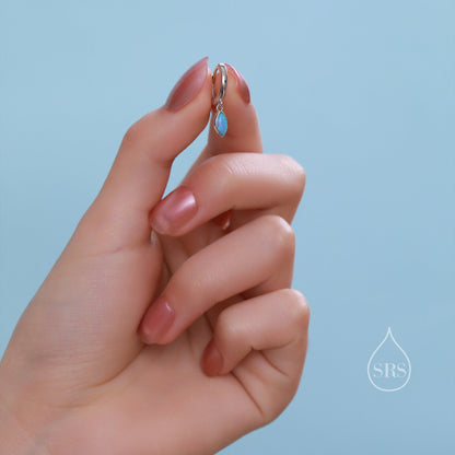 Marquise Opal Huggie Hoops in Sterling Silver, 8mm Opal Hoops, Blue Opal or White Opal, Silver or Gold, Fire Opal Earring