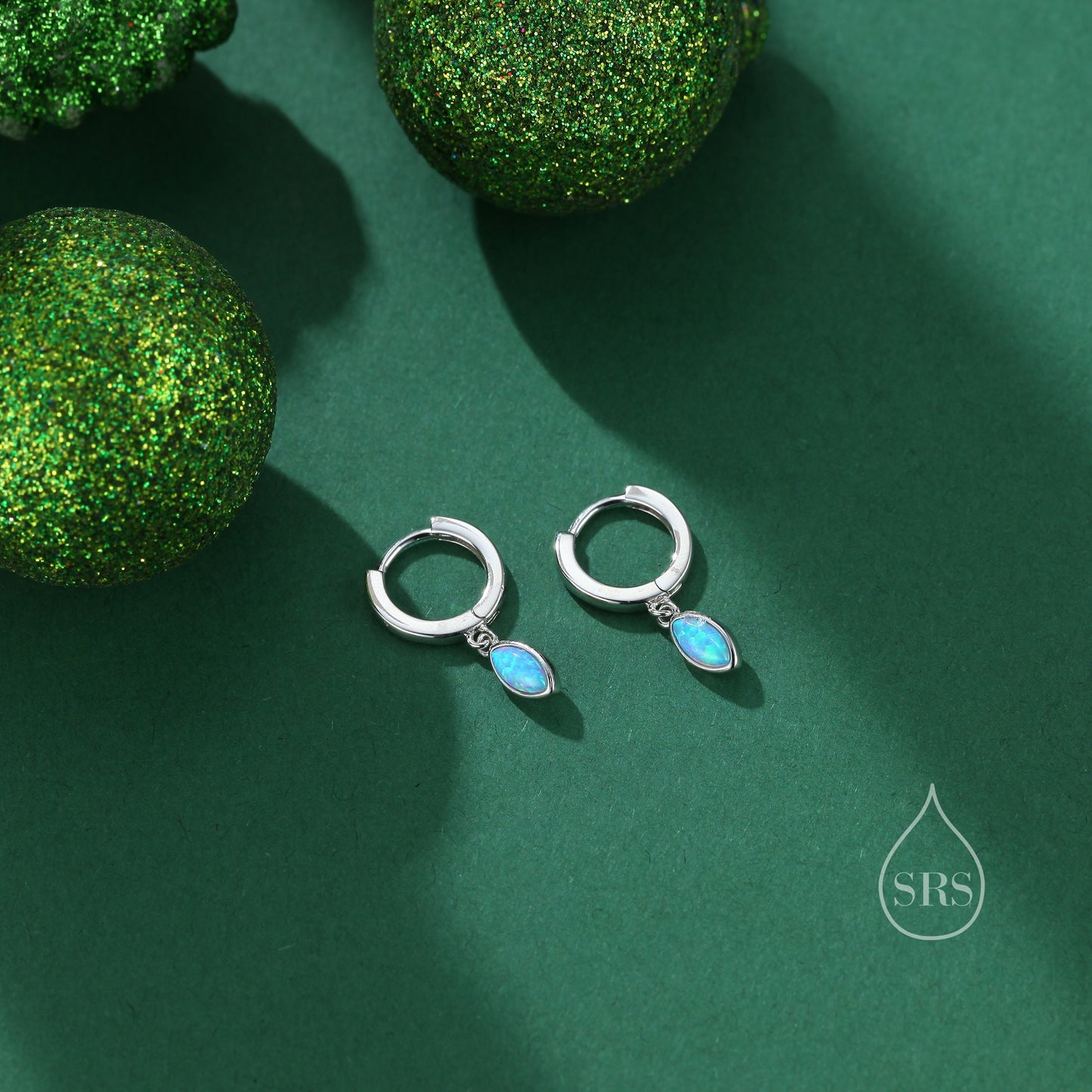 Marquise Opal Huggie Hoops in Sterling Silver, 8mm Opal Hoops, Blue Opal or White Opal, Silver or Gold, Fire Opal Earring