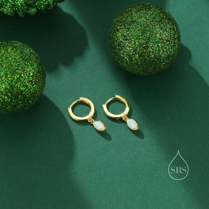 Marquise Opal Huggie Hoops in Sterling Silver, 8mm Opal Hoops, Blue Opal or White Opal, Silver or Gold, Fire Opal Earring