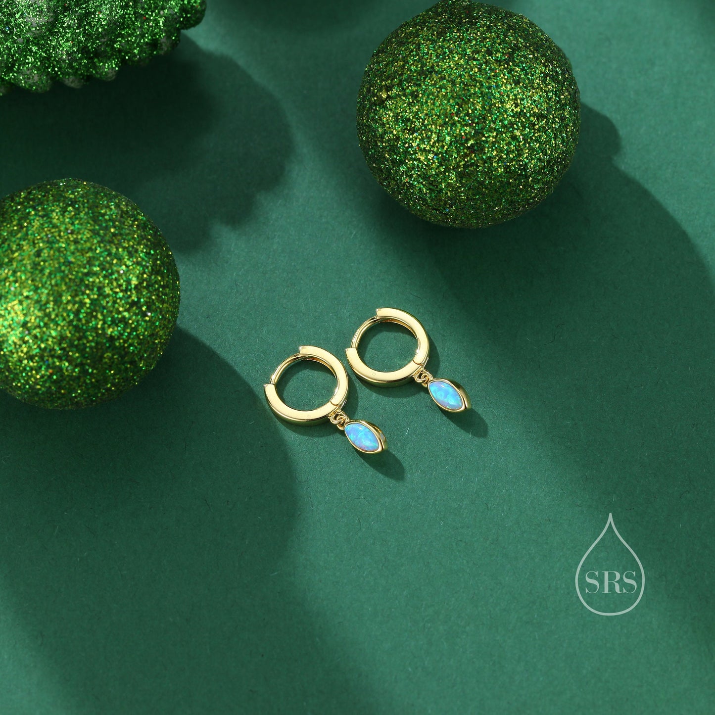 Marquise Opal Huggie Hoops in Sterling Silver, 8mm Opal Hoops, Blue Opal or White Opal, Silver or Gold, Fire Opal Earring