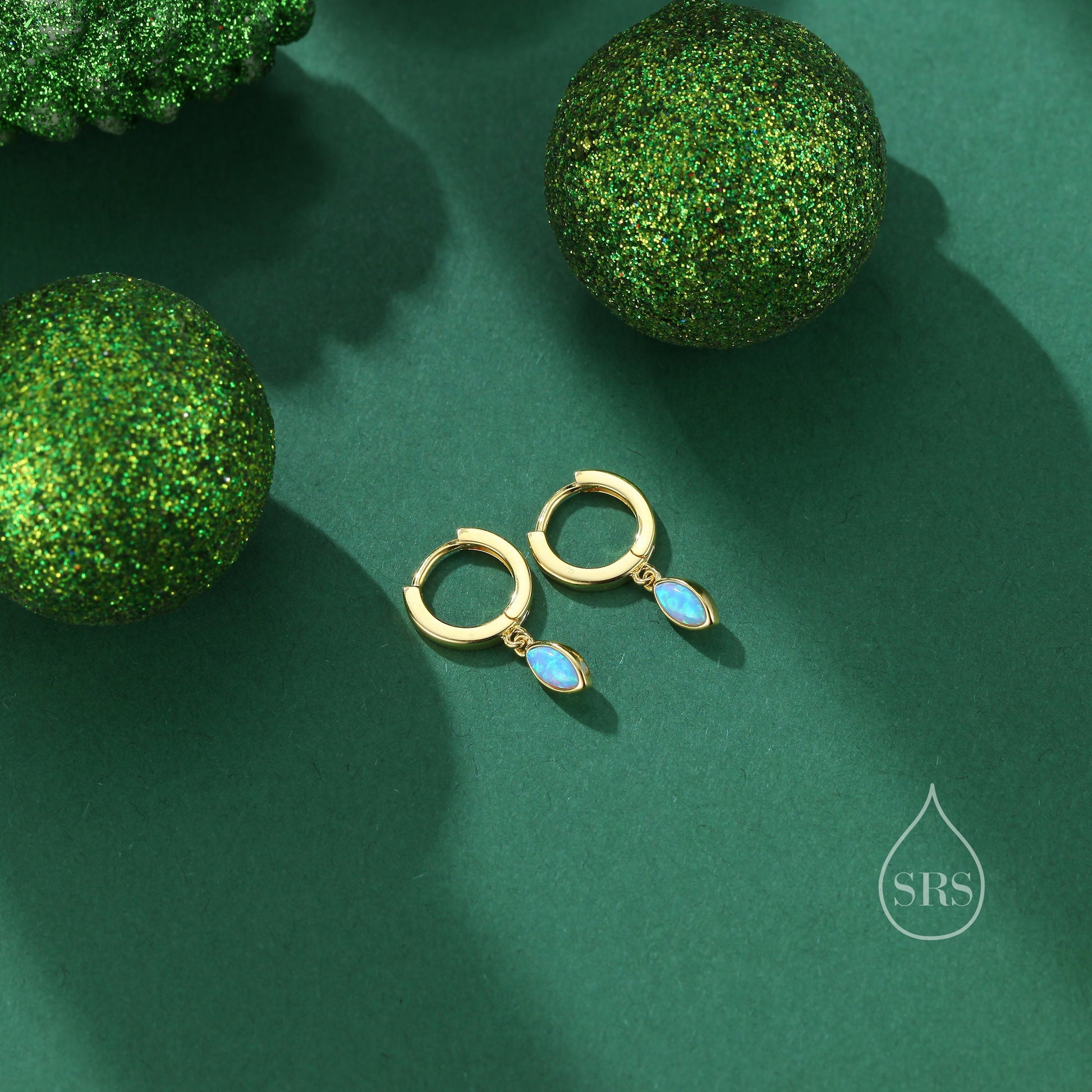 Marquise Opal Huggie Hoops in Sterling Silver, 8mm Opal Hoops, Blue Opal or White Opal, Silver or Gold, Fire Opal Earring