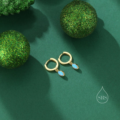 Marquise Opal Huggie Hoops in Sterling Silver, 8mm Opal Hoops, Blue Opal or White Opal, Silver or Gold, Fire Opal Earring