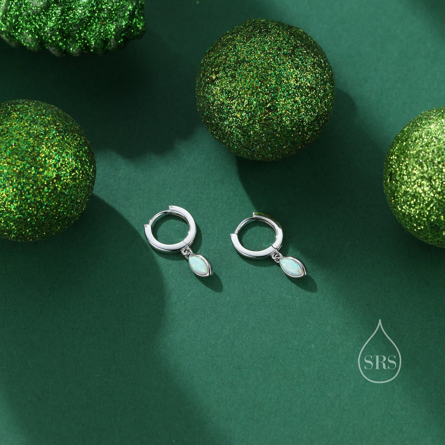 Marquise Opal Huggie Hoops in Sterling Silver, 8mm Opal Hoops, Blue Opal or White Opal, Silver or Gold, Fire Opal Earring