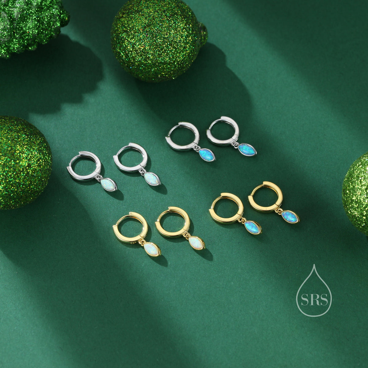 Marquise Opal Huggie Hoops in Sterling Silver, 8mm Opal Hoops, Blue Opal or White Opal, Silver or Gold, Fire Opal Earring